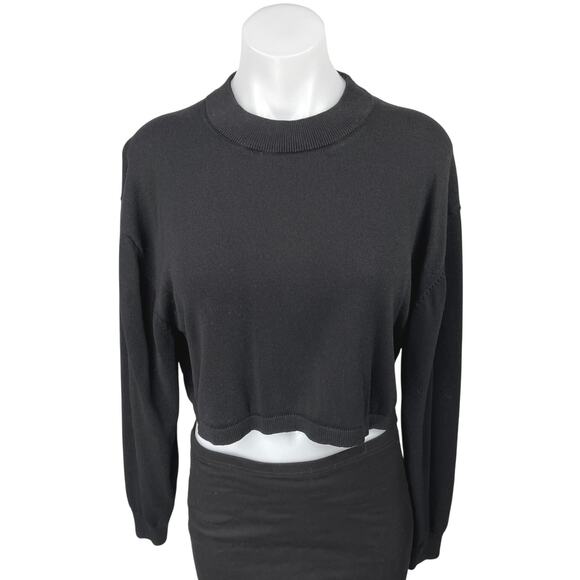 Zara Women's Black Knit Long Sleeve Mock Neck Cropped Sweatshirt Sweater Top L - Picture 1 of 4